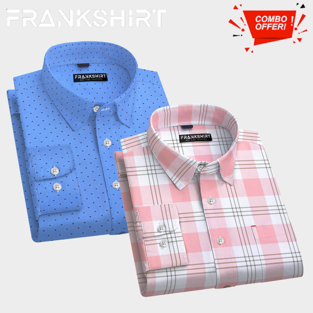 Pack of 2 Cotton Check Shirt for Man (Blue Print and White Pink)