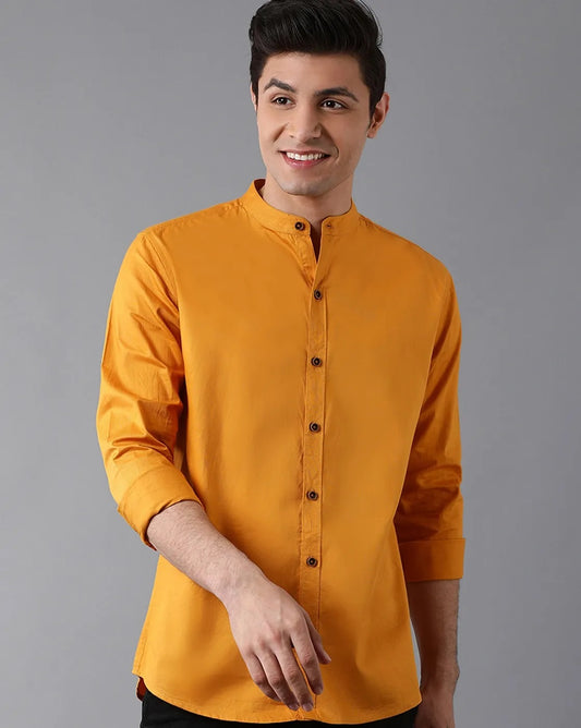 Mustard Round Neck Casual Shirt Twill Cotton Fabric