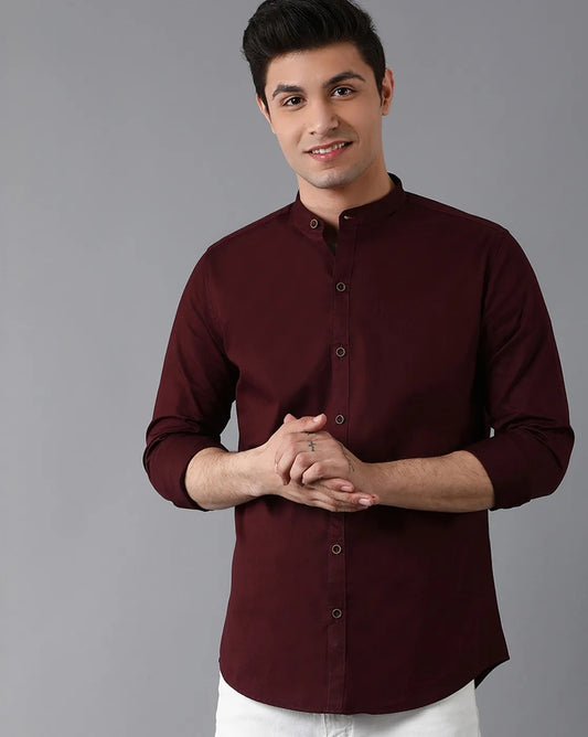 Maroon Round Neck Casual Shirt Twill Cotton Fabric