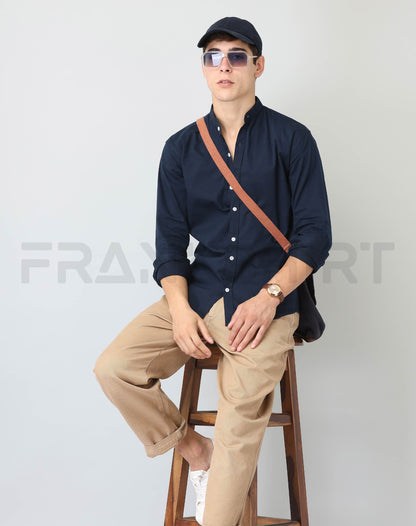 Frankshirt Chinese Collar Navy Blue Solid Tailored Fit Cotton Casual Shirt for Man - Frankshop.in