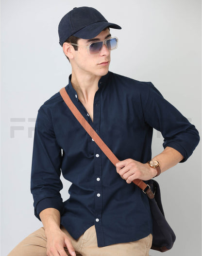 Frankshirt Chinese Collar Navy Blue Solid Tailored Fit Cotton Casual Shirt for Man - Frankshop.in