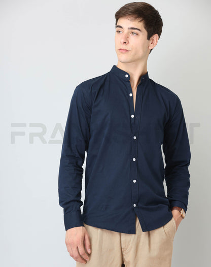 Frankshirt Chinese Collar Navy Blue Solid Tailored Fit Cotton Casual Shirt for Man - Frankshop.in