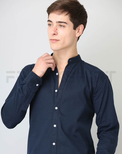 Frankshirt Chinese Collar Navy Blue Solid Tailored Fit Cotton Casual Shirt for Man - Frankshop.in