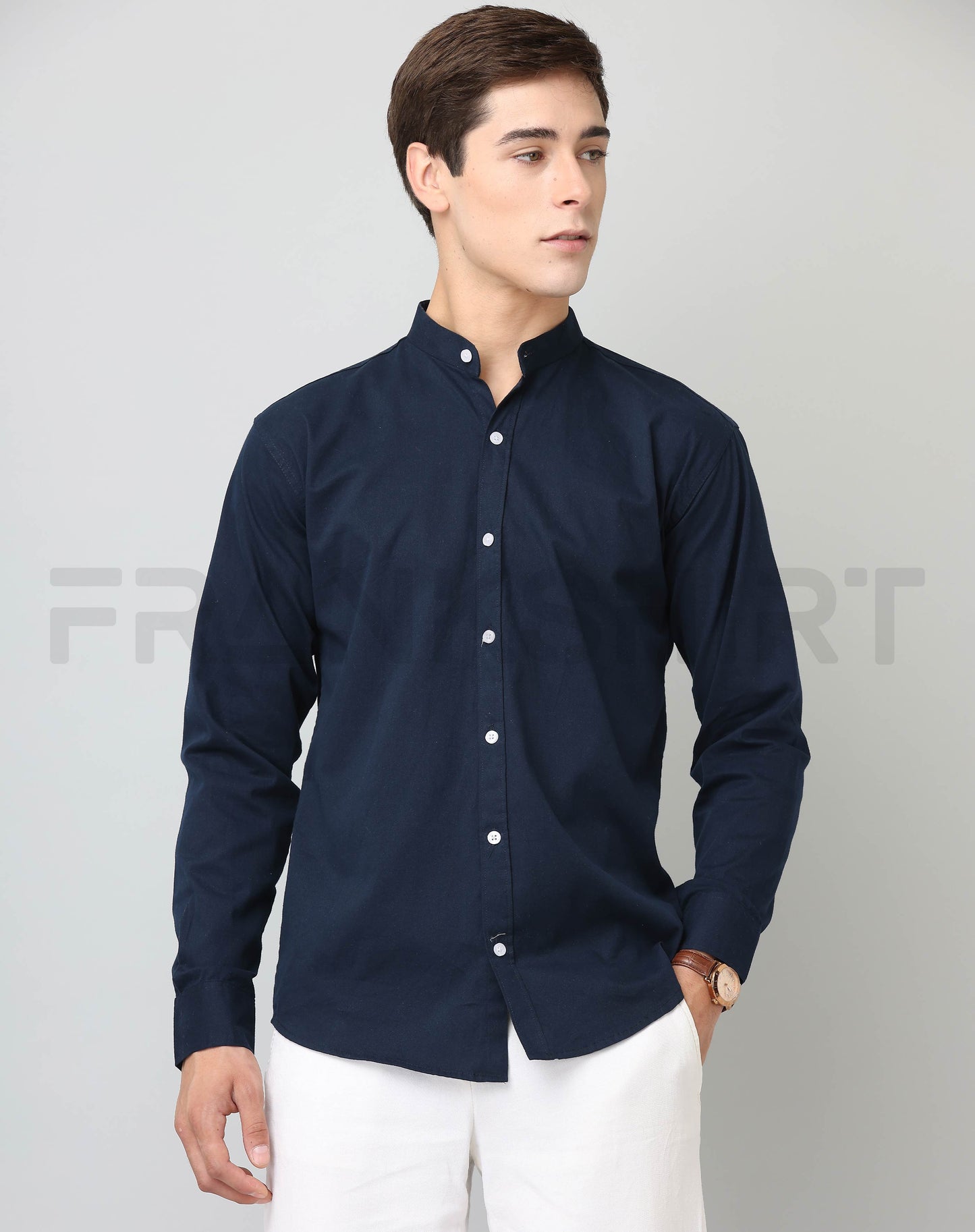 Frankshirt Chinese Collar Navy Blue Solid Tailored Fit Cotton Casual Shirt for Man