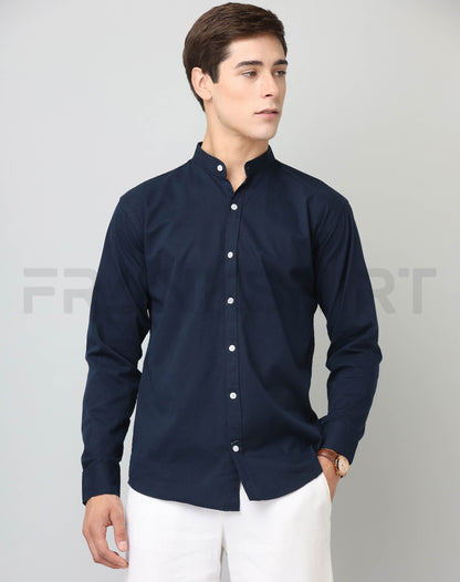 Frankshirt Chinese Collar Navy Blue Solid Tailored Fit Cotton Casual Shirt for Man - Frankshop.in