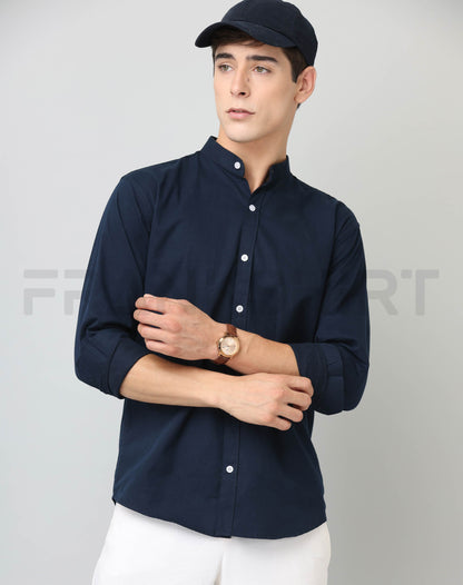 Frankshirt Chinese Collar Navy Blue Solid Tailored Fit Cotton Casual Shirt for Man - Frankshop.in