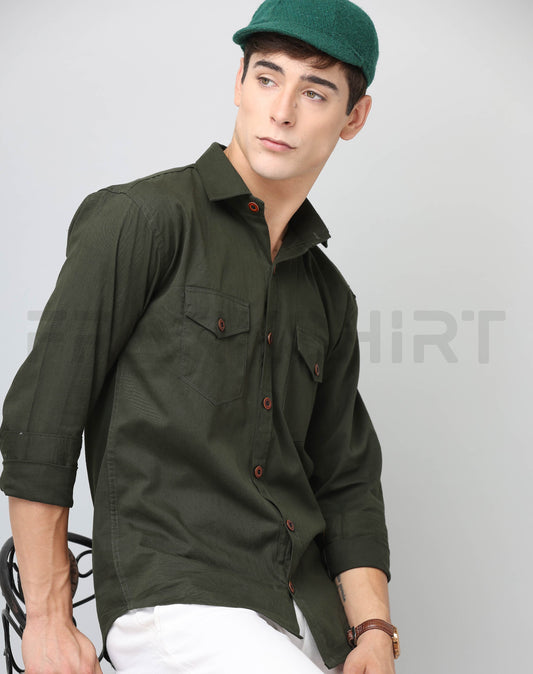 Frankshirt Double Pocket Bottle Green Solid Tailored Fit Cotton Casual Shirt for Man - Frankshop.in