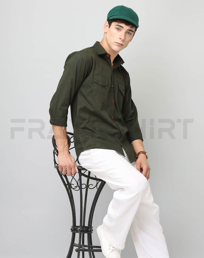 Frankshirt Double Pocket Bottle Green Solid Tailored Fit Cotton Casual Shirt for Man - Frankshop.in