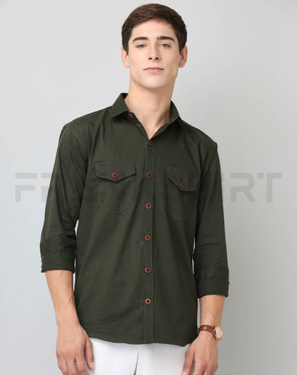 Frankshirt Double Pocket Bottle Green Solid Tailored Fit Cotton Casual Shirt for Man - Frankshop.in