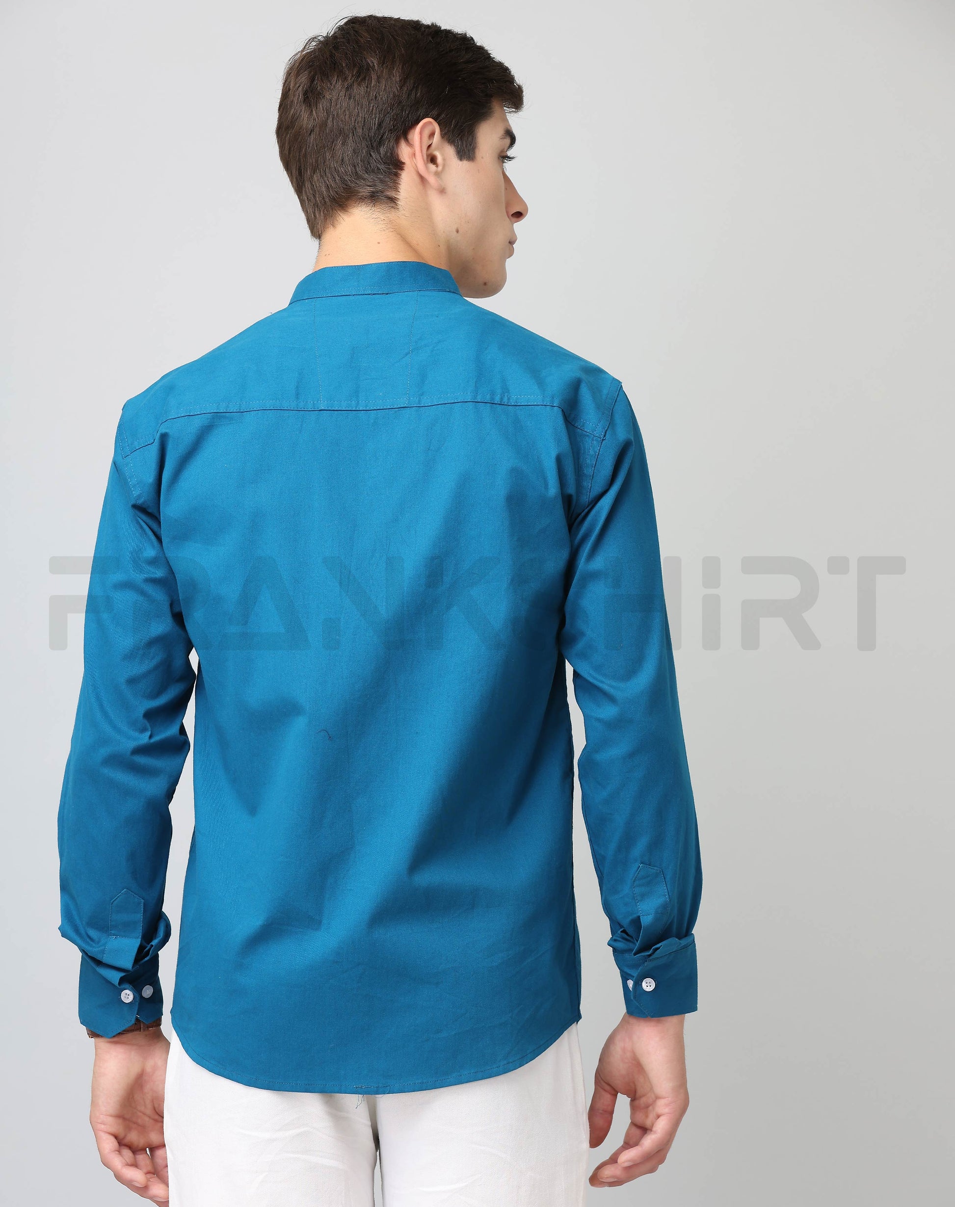 Frankshirt Chinese Collar Peacocke Blue Solid Tailored Fit Cotton Casual Shirt for Man - Frankshop.in