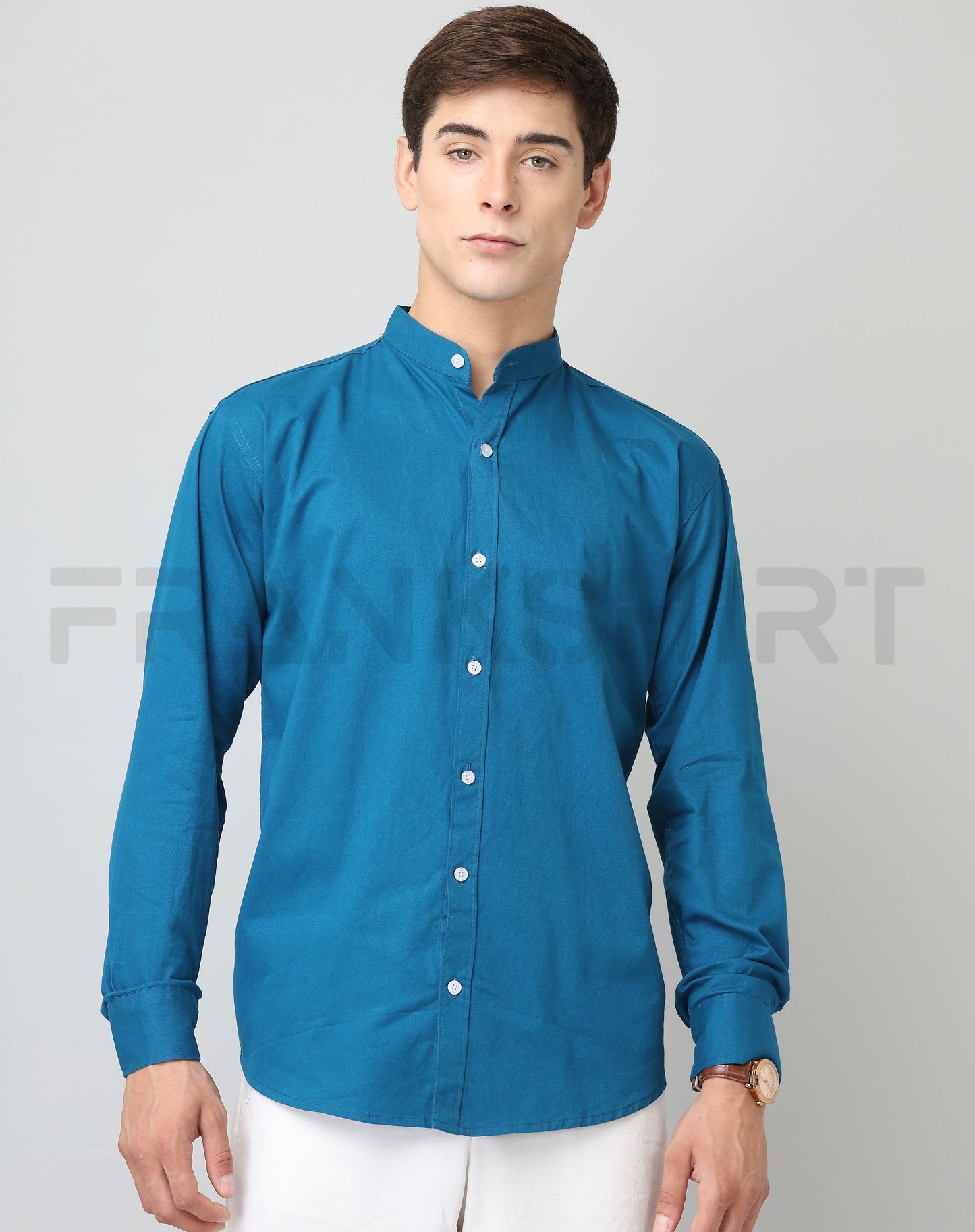 Frankshirt Chinese Collar Peacocke Blue Solid Tailored Fit Cotton Casual Shirt for Man - Frankshop.in