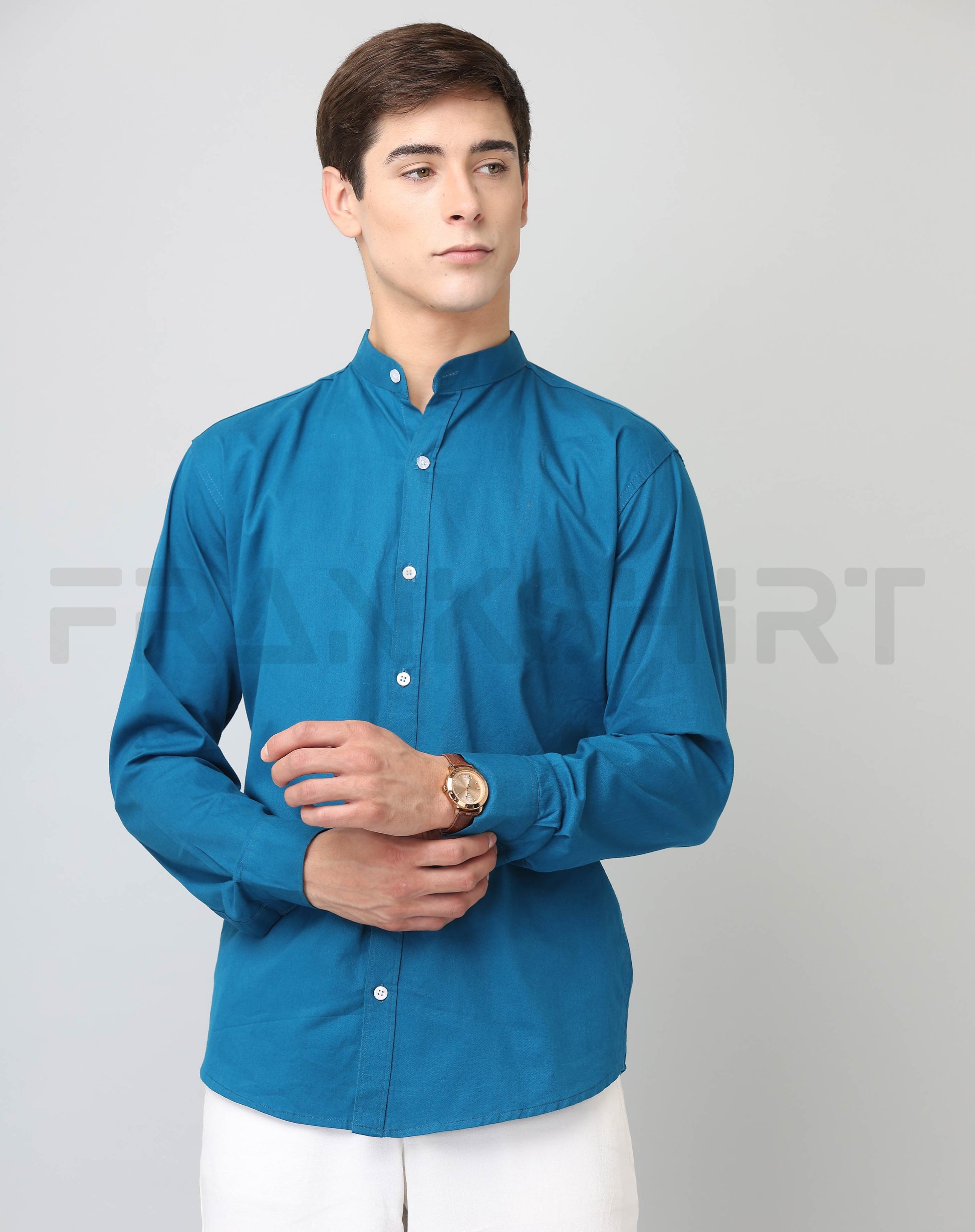 Frankshirt Chinese Collar Peacocke Blue Solid Tailored Fit Cotton Casual Shirt for Man - Frankshop.in