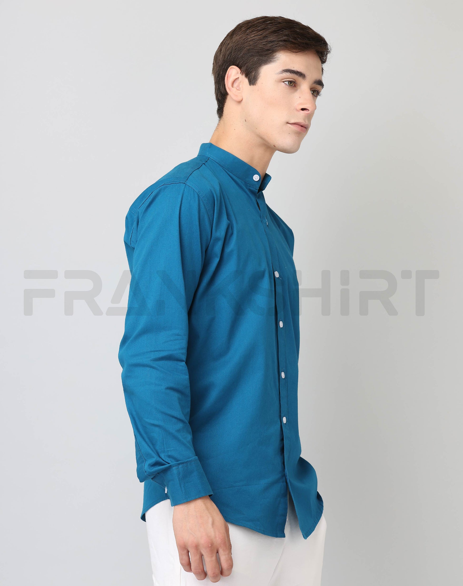 Frankshirt Chinese Collar Peacocke Blue Solid Tailored Fit Cotton Casual Shirt for Man - Frankshop.in