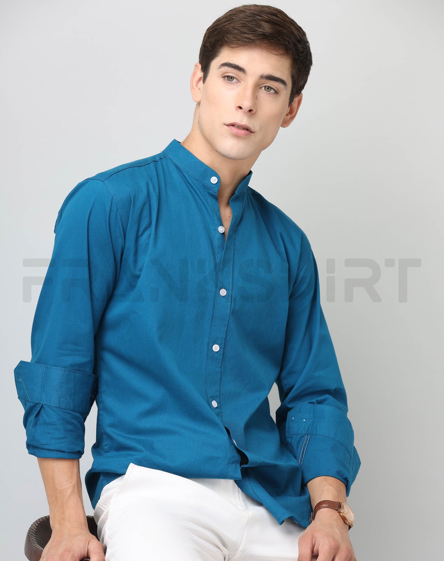 Frankshirt Chinese Collar Peacocke Blue Solid Tailored Fit Cotton Casual Shirt for Man - Frankshop.in