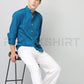 Frankshirt Chinese Collar Peacocke Blue Solid Tailored Fit Cotton Casual Shirt for Man - Frankshop.in