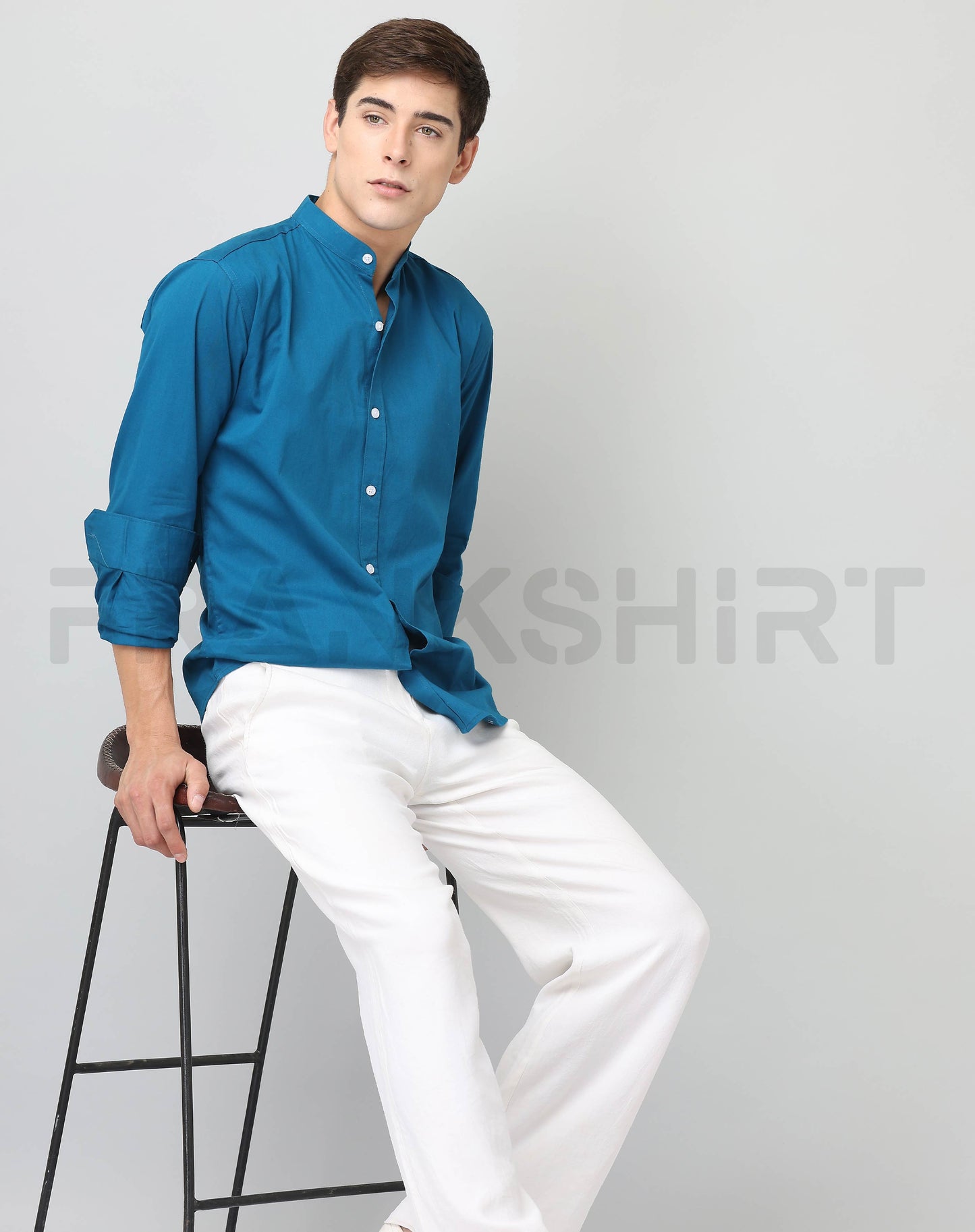 Frankshirt Chinese Collar Peacocke Blue Solid Tailored Fit Cotton Casual Shirt for Man - Frankshop.in