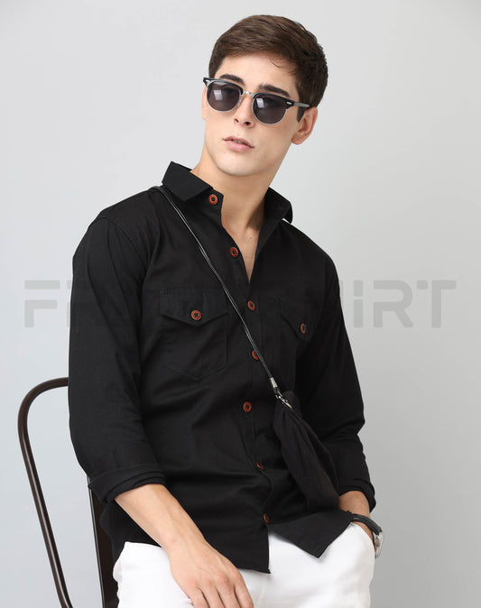 Frankshirt Double Pocket Black Solid Tailored Fit Cotton Casual Shirt for Man - Frankshop.in