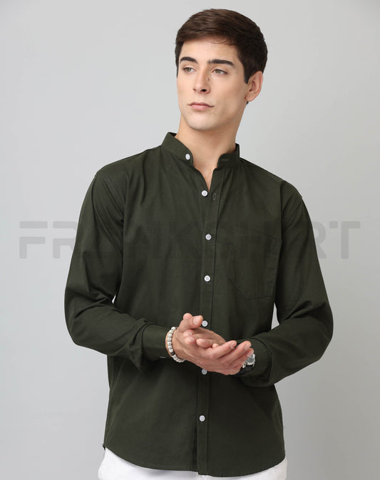 Frankshirt Chinese Collar Bottle Green Tailored Fit Cotton Casual Shirt for Man - Frankshop.in