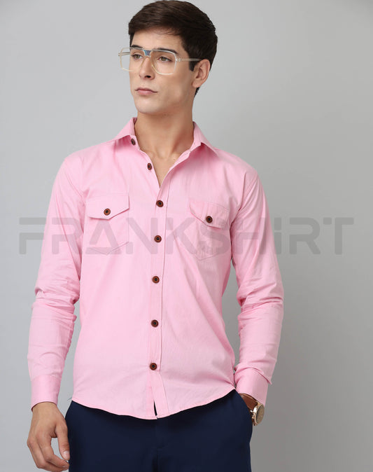 Frankshirt Double Pocket Pink Solid Tailored Fit Cotton Casual Shirt for Man - Frankshop.in