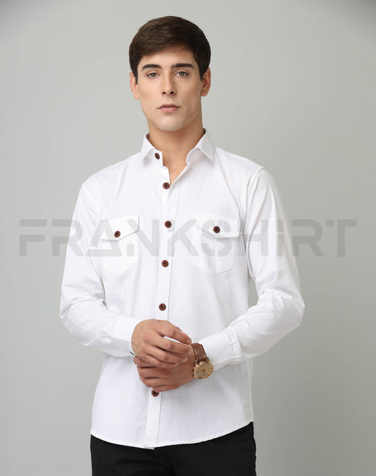 Frankshirt Double Pocket White Solid Tailored Fit Cotton Casual Shirt for Man - Frankshop.in