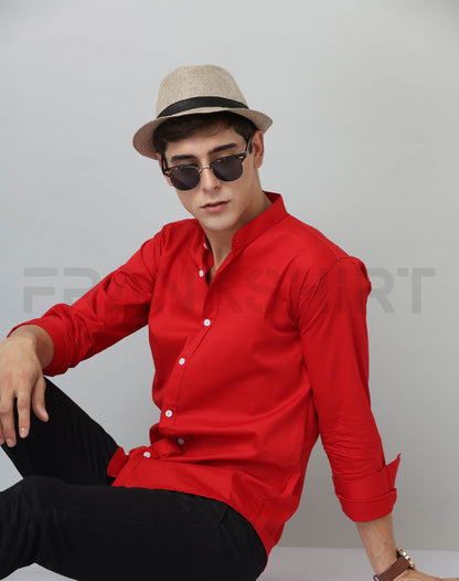 Frankshirt Chinese Collar Red Tailored Fit Cotton Casual Shirt for Man - Frankshop.in