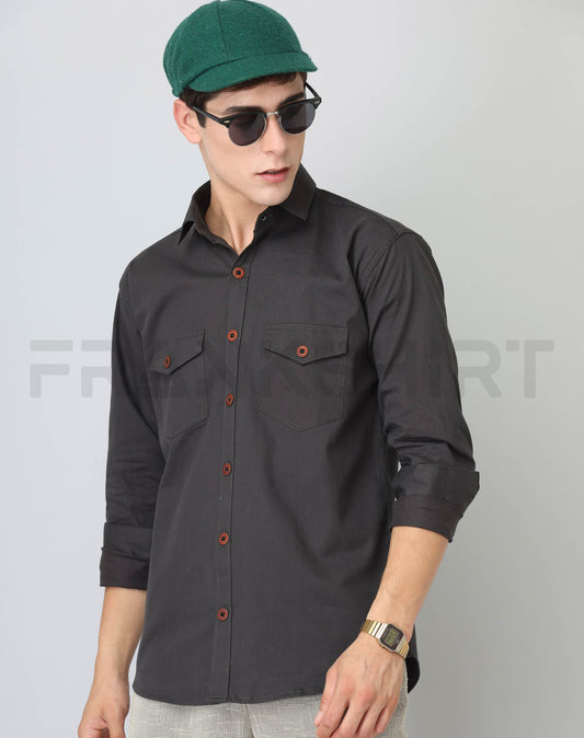 Frankshirt Double Pocket Dark Grey Solid Tailored Fit Cotton Casual Shirt for Man - Frankshop.in