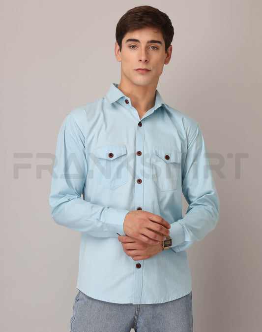 Frankshirt Double Pocket Light Blue Solid Tailored Fit Cotton Casual Shirt for Man - Frankshop.in