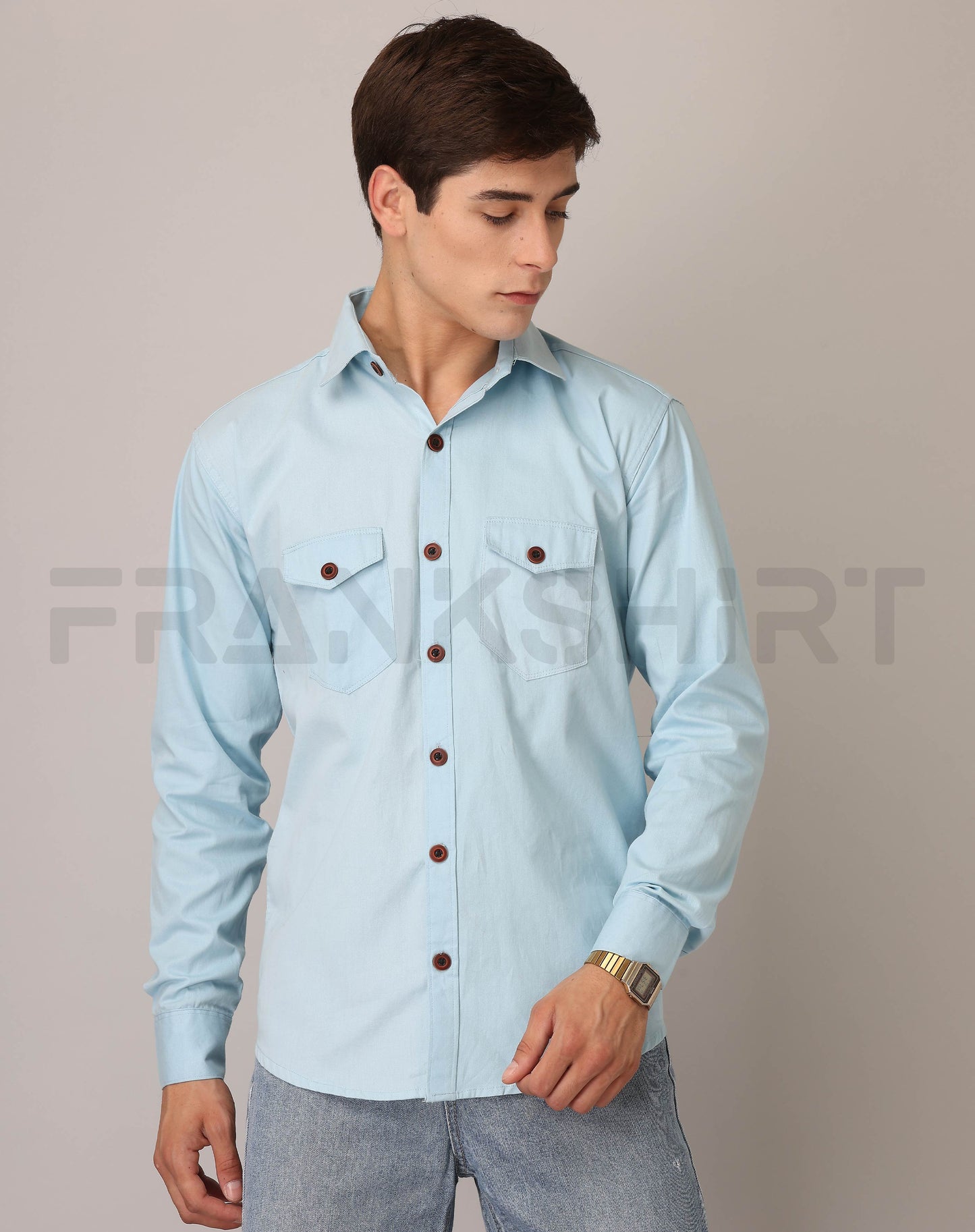 Frankshirt Double Pocket Light Blue Solid Tailored Fit Cotton Casual Shirt for Man
