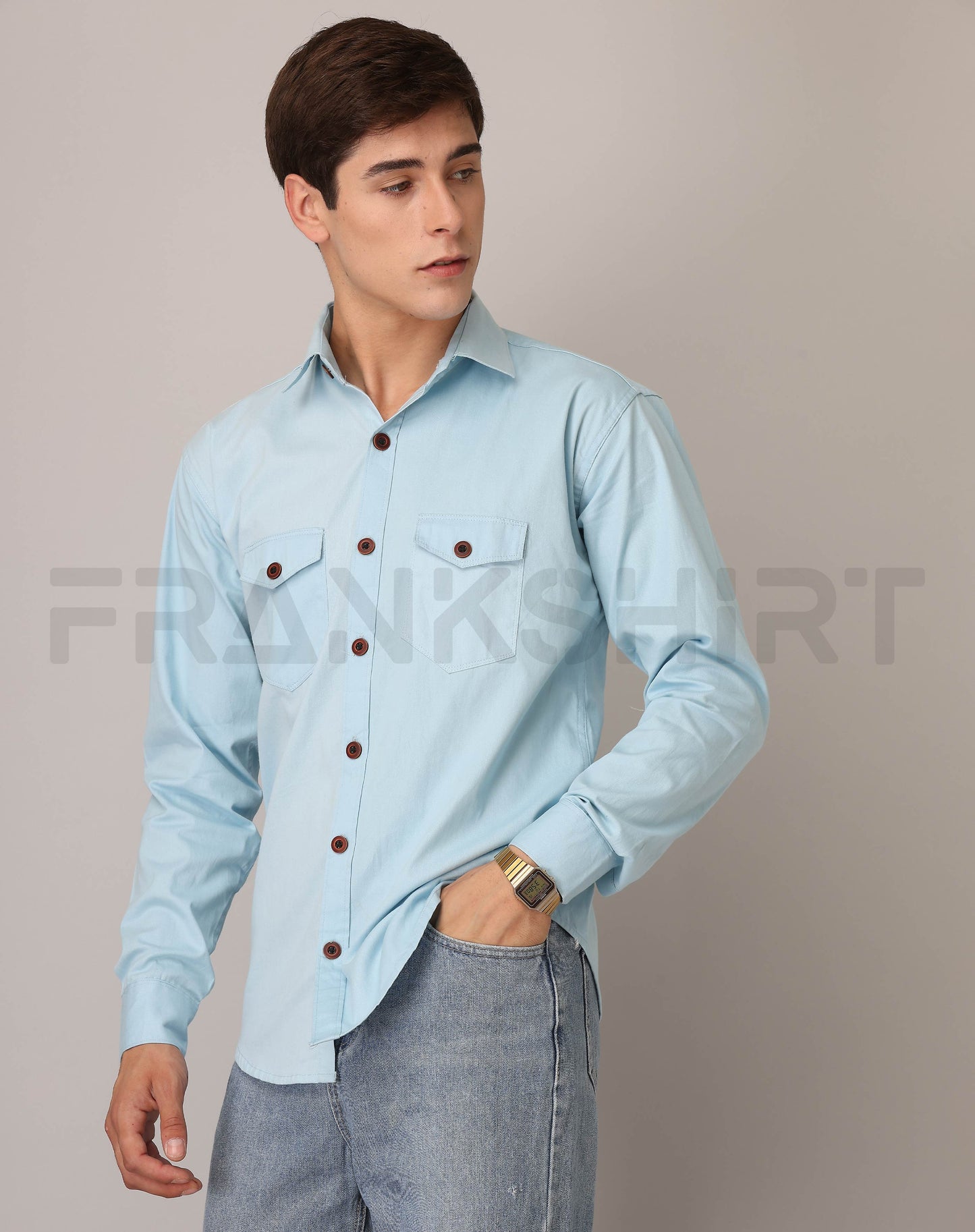 Frankshirt Double Pocket Light Blue Solid Tailored Fit Cotton Casual Shirt for Man