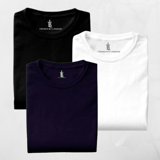 Pack of 3 Half Sleeves T-Shirts for Men 180 GSM (White,Black and Navy Blue) - Frankshop.in