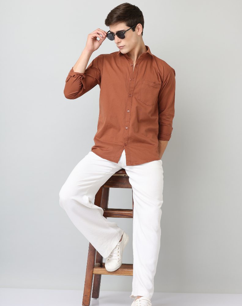 Frankshirt Men Dusty Brown Solid Tailored Fit Cotton Casual Shirt - Frankshop.in