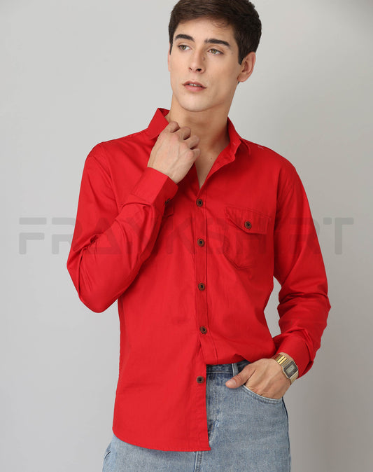 Frankshirt Double Pocket Red Solid Tailored Fit Cotton Casual Shirt for Man - Frankshop.in