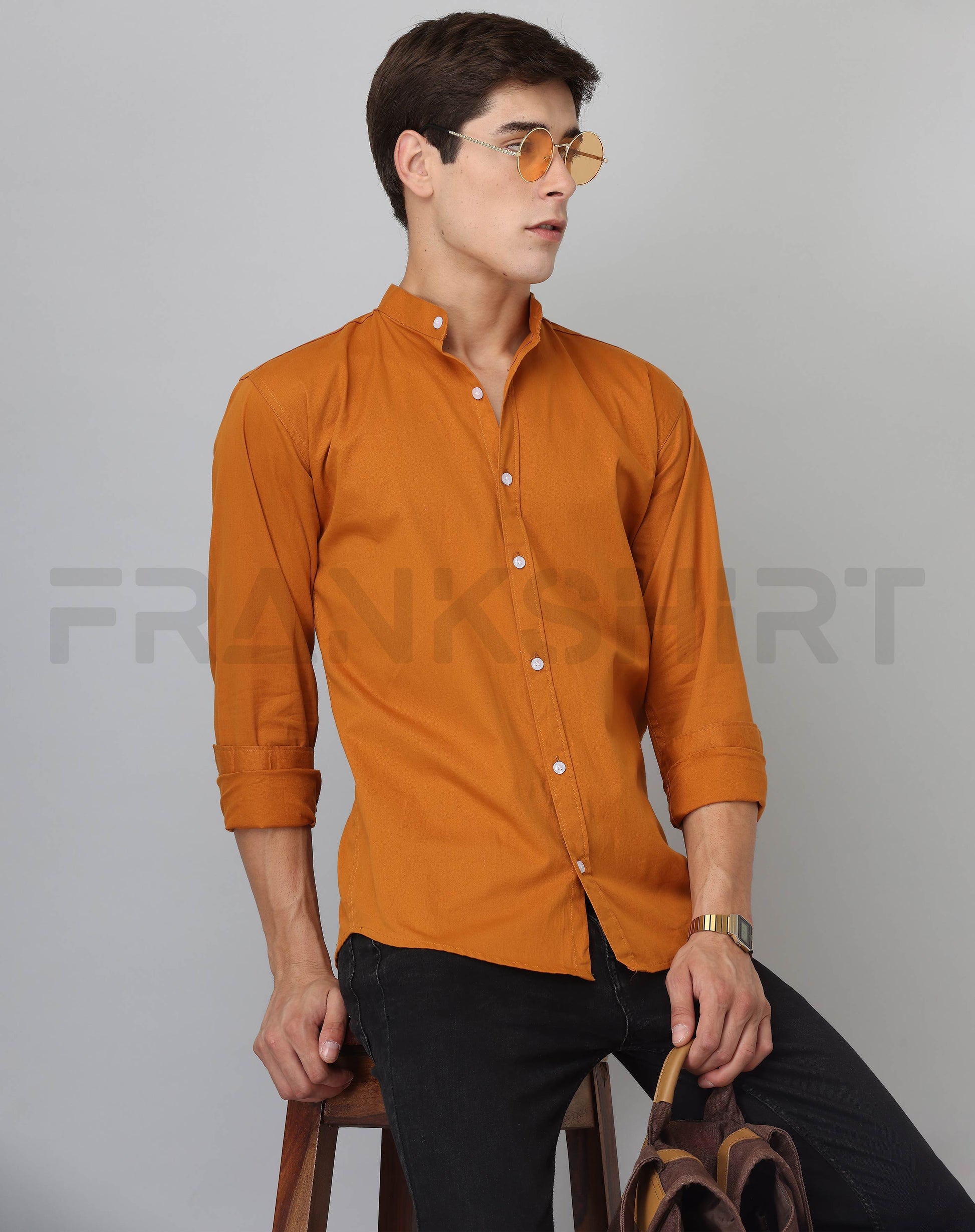 Frankshirt Chinese Collar Mustard Tailored Fit Cotton Casual Shirt for Man - Frankshop.in