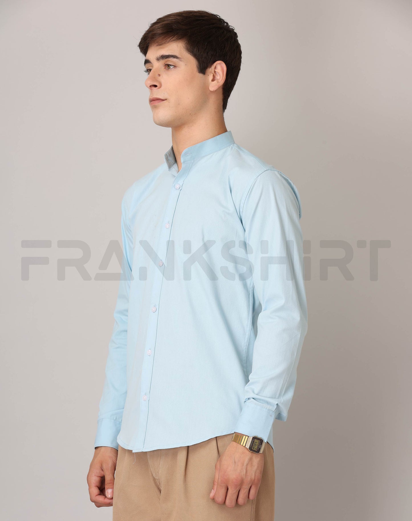 Frankshirt Chinese Collar Light Blue Tailored Fit Cotton Casual Shirt for Man