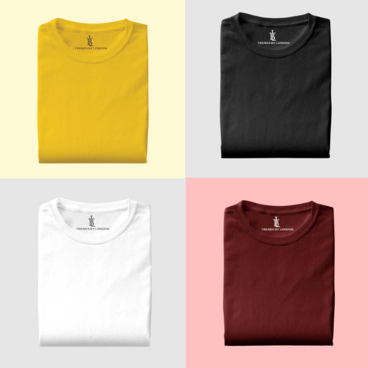 Pack of 4 Half Sleeves T-Shirts for Men 180 GSM (Mustard, Black, White and Maroon ) - Frankshop.in