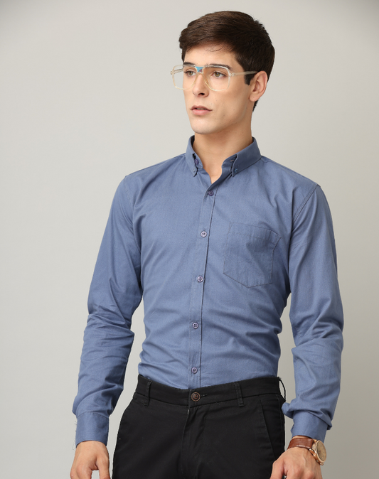 Frankshirt Blue Solid Tailored Fit Cotton Casual Shirt for Man - Frankshop.in