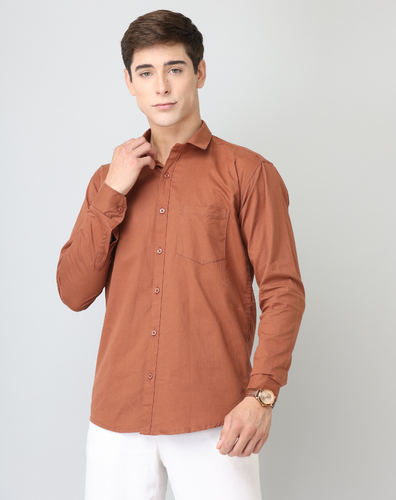 Frankshirt Men Dusty Brown Solid Tailored Fit Cotton Casual Shirt - Frankshop.in