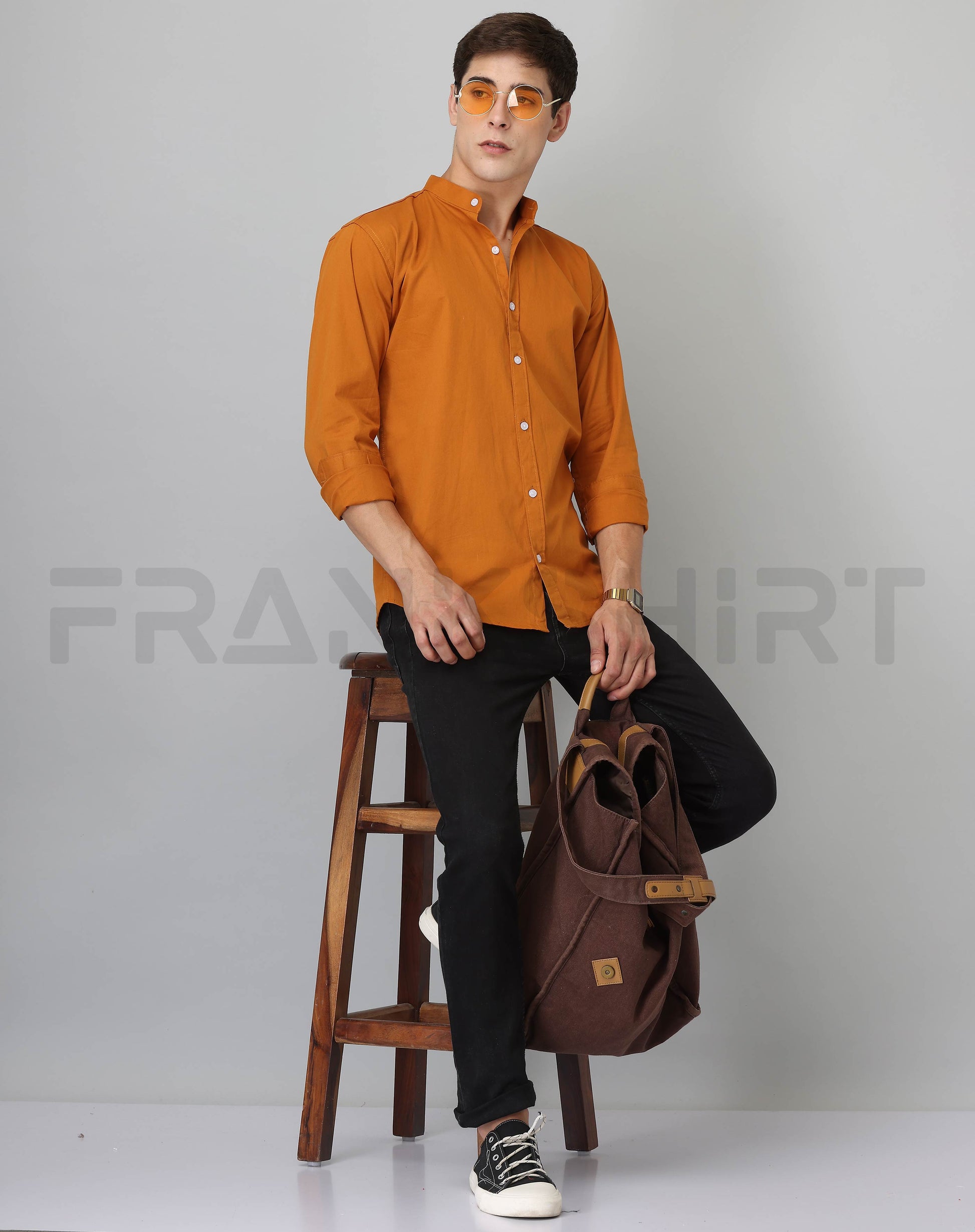 Frankshirt Chinese Collar Mustard Tailored Fit Cotton Casual Shirt for Man - Frankshop.in