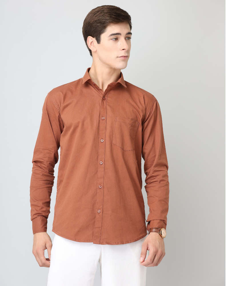 Frankshirt Men Dusty Brown Solid Tailored Fit Cotton Casual Shirt - Frankshop.in