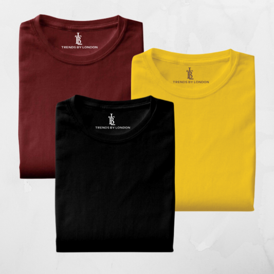 Pack of 3 Half Sleeves T-Shirts for Men 180 GSM (Maroon,Black and Mustard) - Frankshop.in