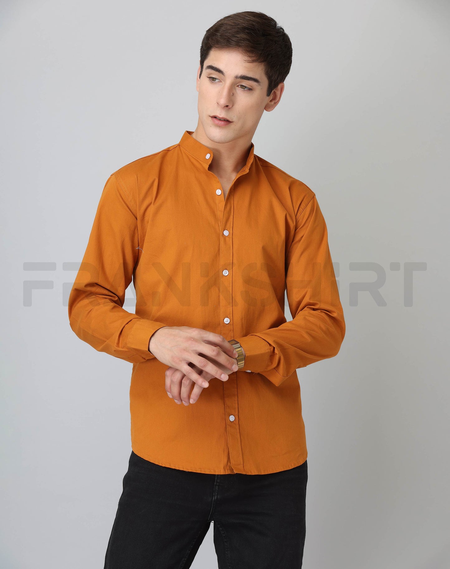 Frankshirt Chinese Collar Mustard Tailored Fit Cotton Casual Shirt for Man - Frankshop.in