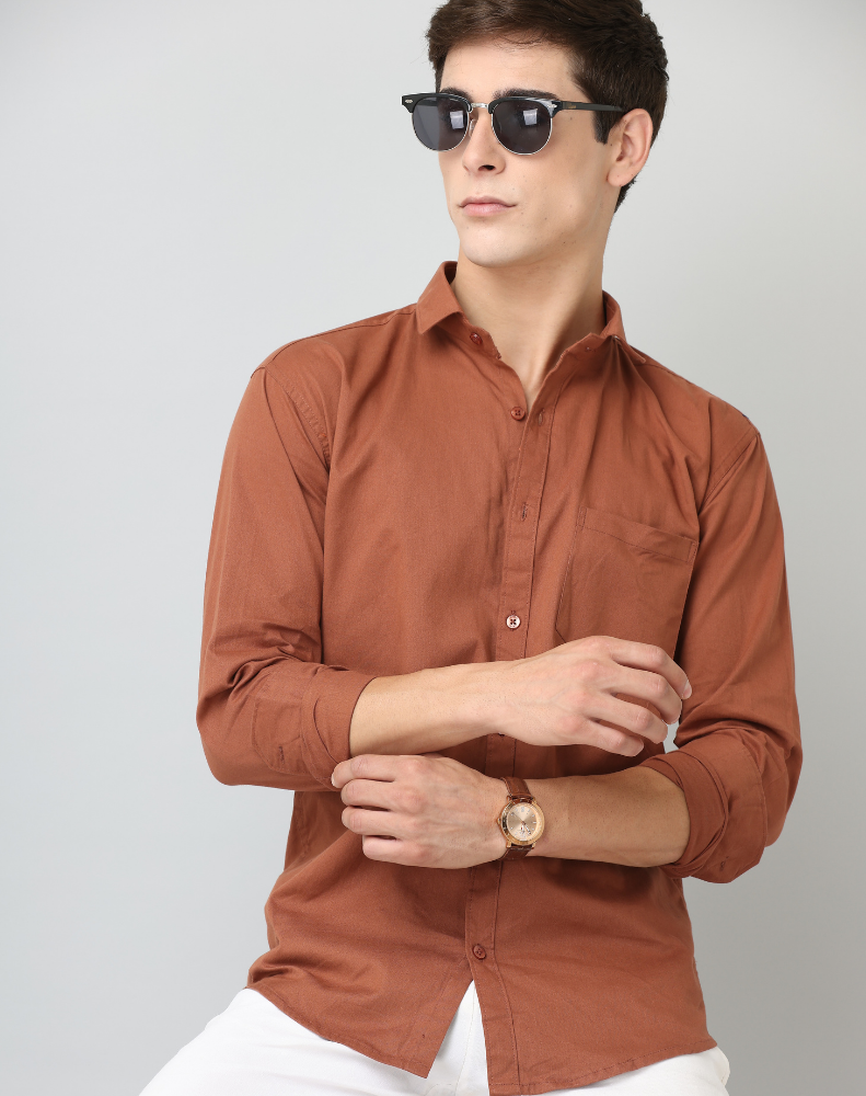 Frankshirt Men Dusty Brown Solid Tailored Fit Cotton Casual Shirt - Frankshop.in