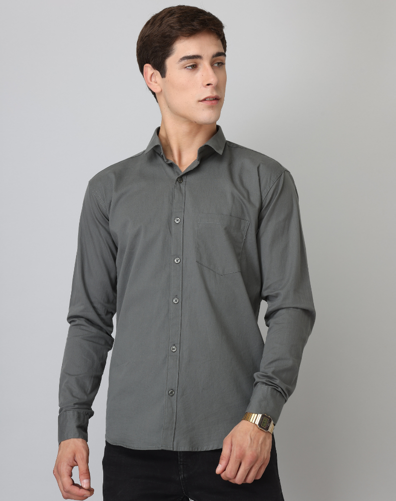 Frankshirt Dark Grey Solid Tailored Fit Cotton Casual Shirt for Man