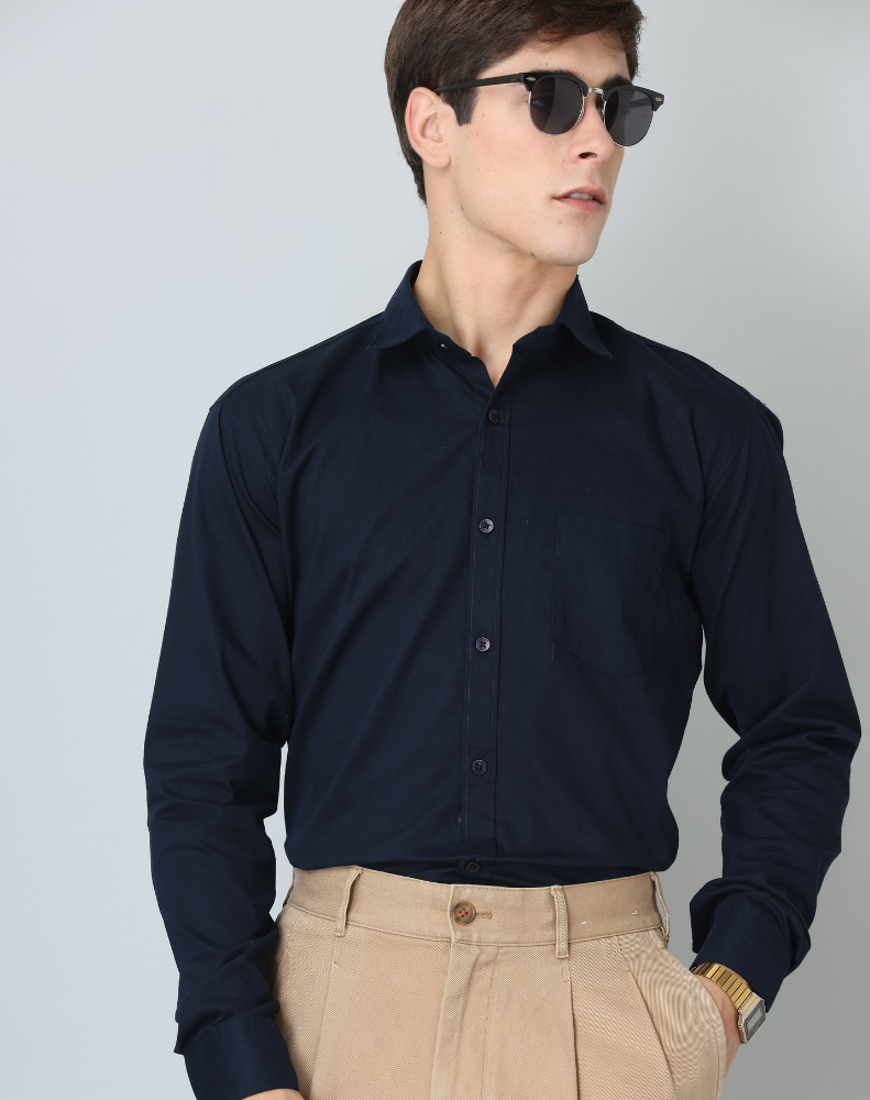 Frankshirt Navy Blue Solid Tailored Fit Cotton Casual Shirt for Man