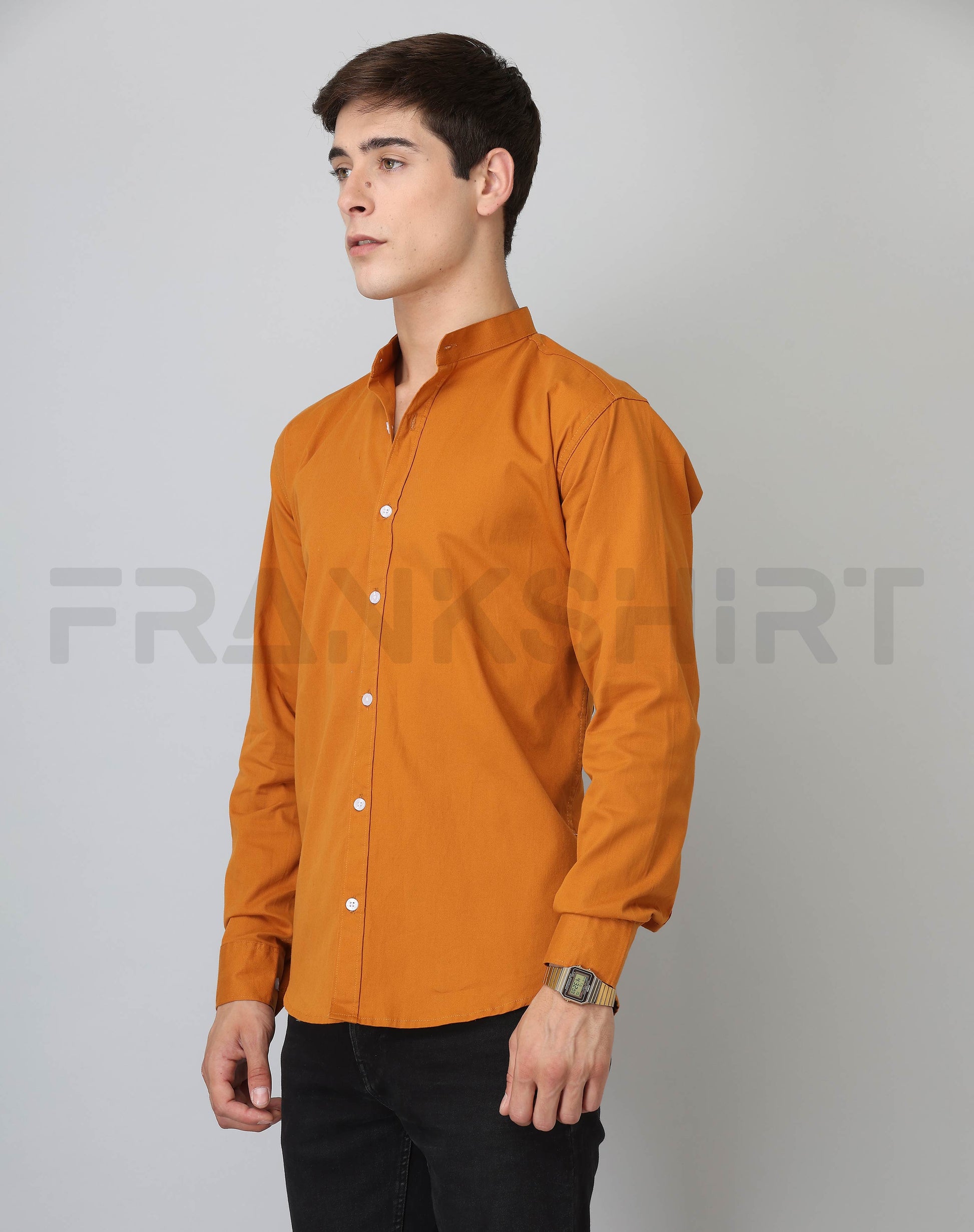 Frankshirt Chinese Collar Mustard Tailored Fit Cotton Casual Shirt for Man - Frankshop.in