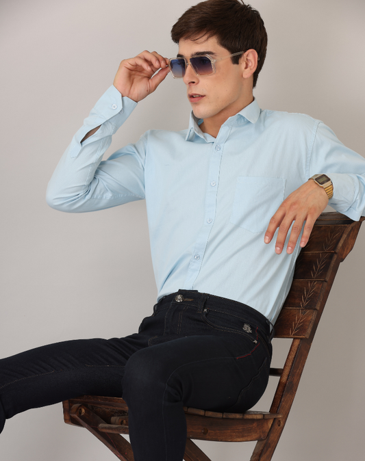 Frankshirt Light Blue Solid Tailored Fit Cotton Casual Shirt for Man - Frankshop.in