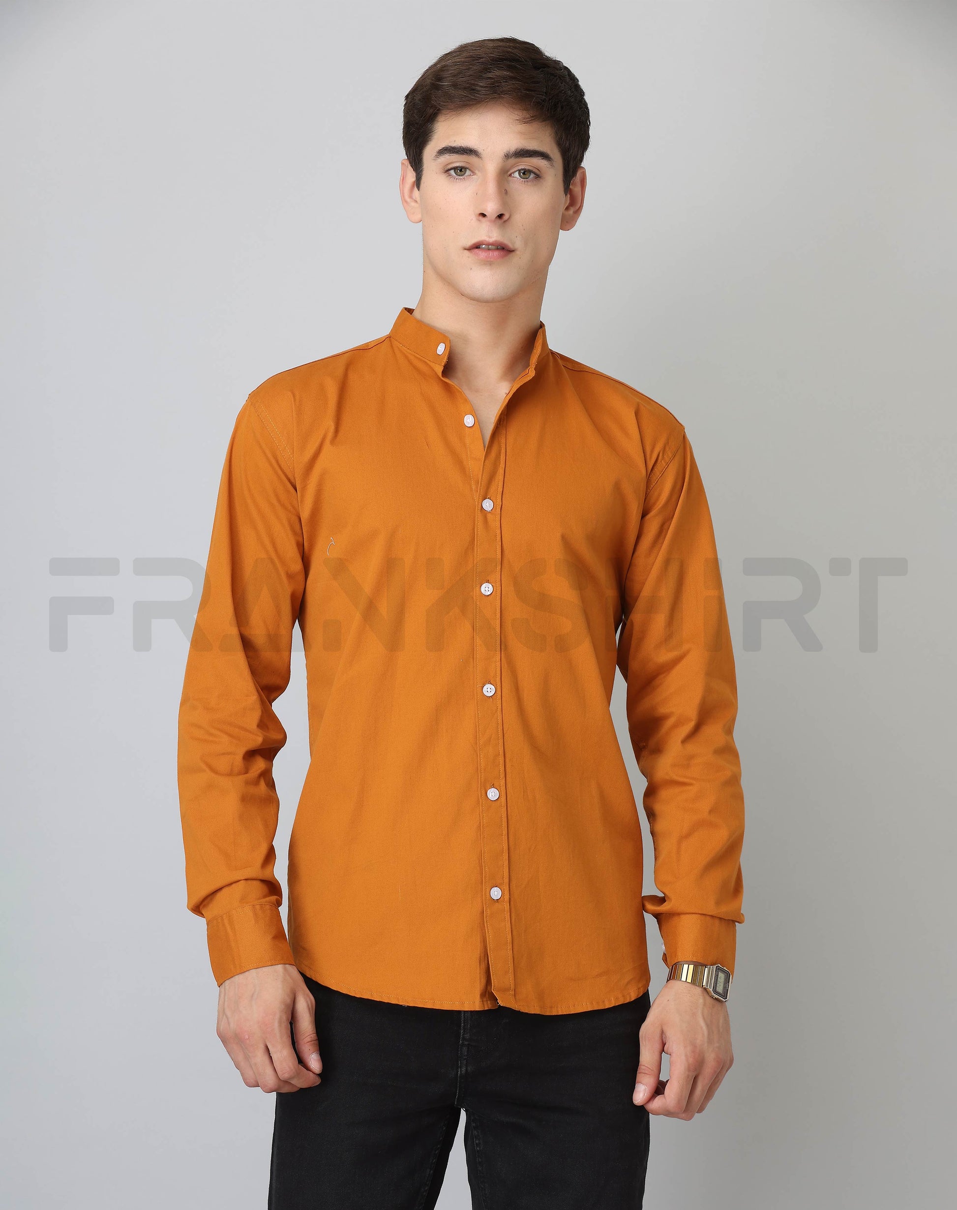 Frankshirt Chinese Collar Mustard Tailored Fit Cotton Casual Shirt for Man - Frankshop.in