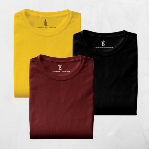 Pack of 3 Half Sleeves T-Shirts for Men 180 GSM (Mustard, Black and Maroon) - Frankshop.in