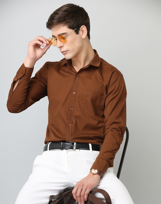 Frankshirt Men Brown Solid Tailored Fit Cotton Casual Shirt - Frankshop.in