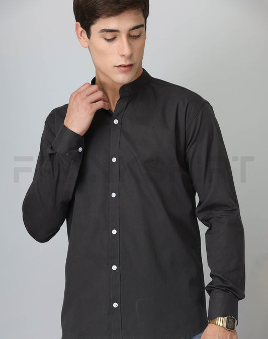 Frankshirt Chinese Collar Black Solid Tailored Fit Cotton Casual Shirt for Man - Frankshop.in